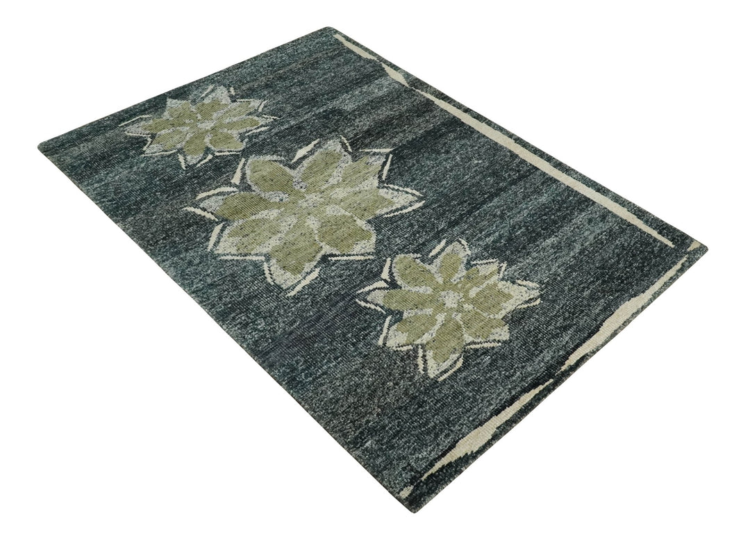 Hand Knotted 5x8 Charcoal, Beige and Olive Floral Persian made of Recycled Silk Area Rug | OP90 - The Rug Decor