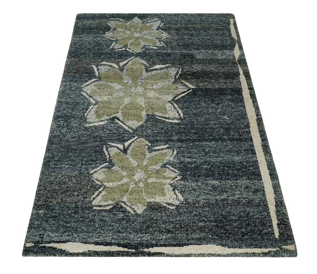 Hand Knotted 5x8 Charcoal, Beige and Olive Floral Persian made of Recycled Silk Area Rug | OP90 - The Rug Decor