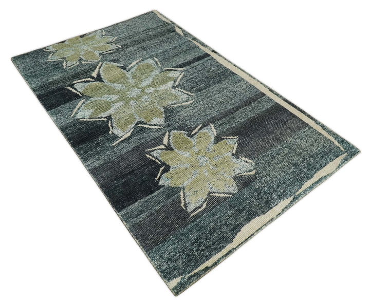 Hand Knotted 5x8 Charcoal, Beige and Teal Floral Persian made of Recycled Silk Area Rug | OP122 - The Rug Decor