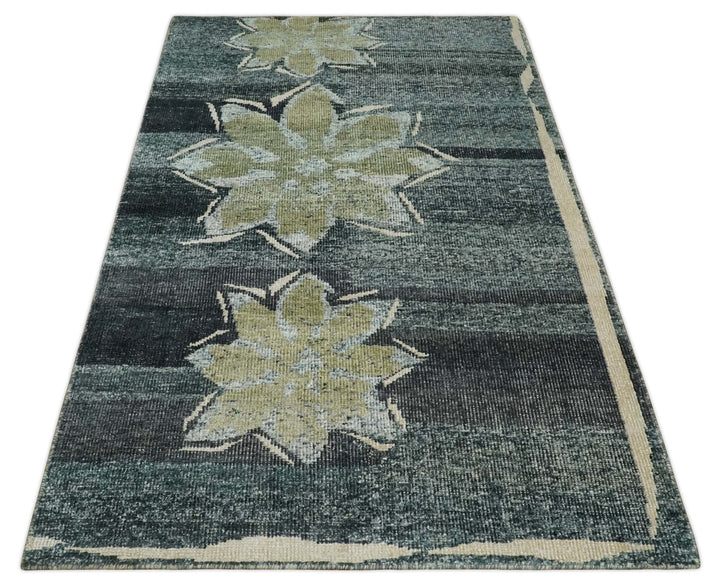 Hand Knotted 5x8 Charcoal, Beige and Teal Floral Persian made of Recycled Silk Area Rug | OP122 - The Rug Decor