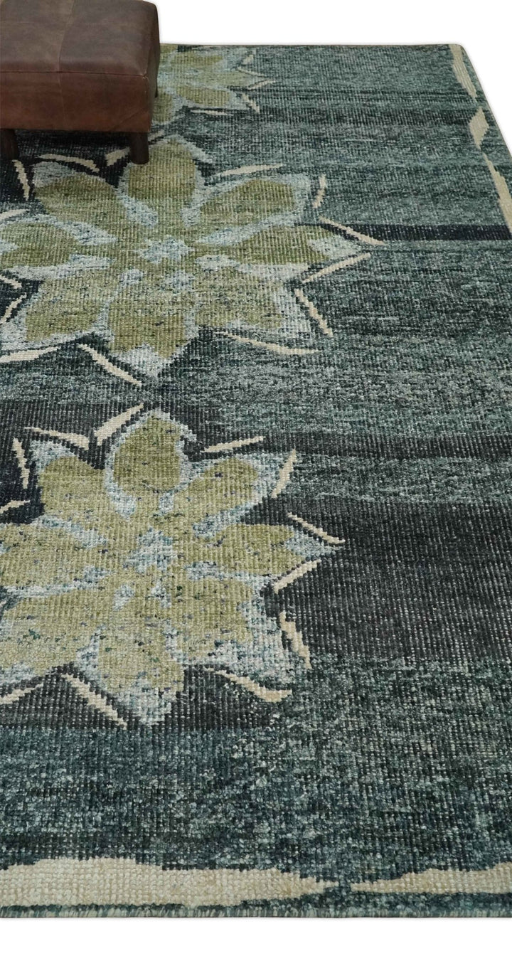 Hand Knotted 5x8 Charcoal, Beige and Teal Floral Persian made of Recycled Silk Area Rug | OP122 - The Rug Decor
