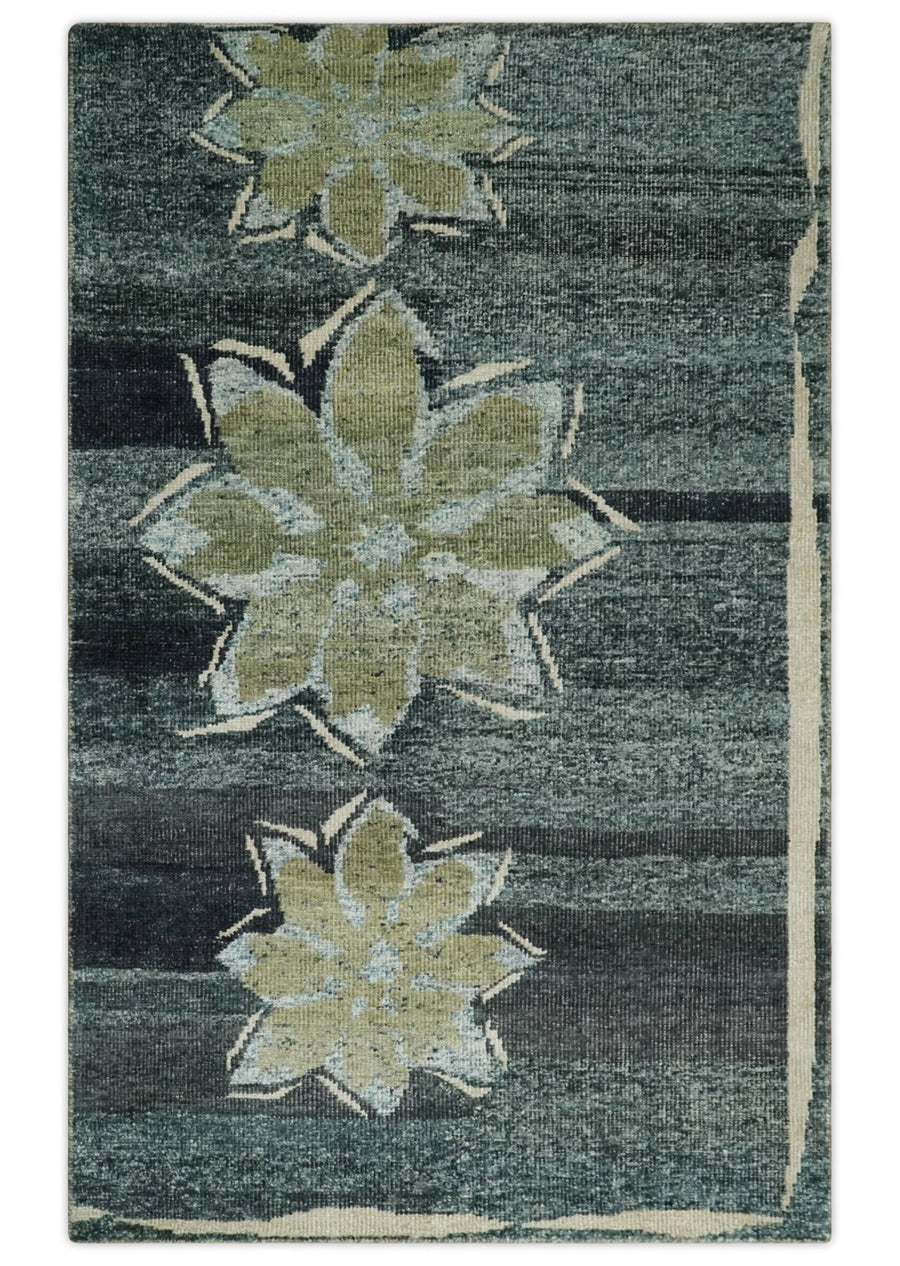 Hand Knotted 5x8 Charcoal, Beige and Teal Floral Persian made of Recycled Silk Area Rug | OP122 - The Rug Decor