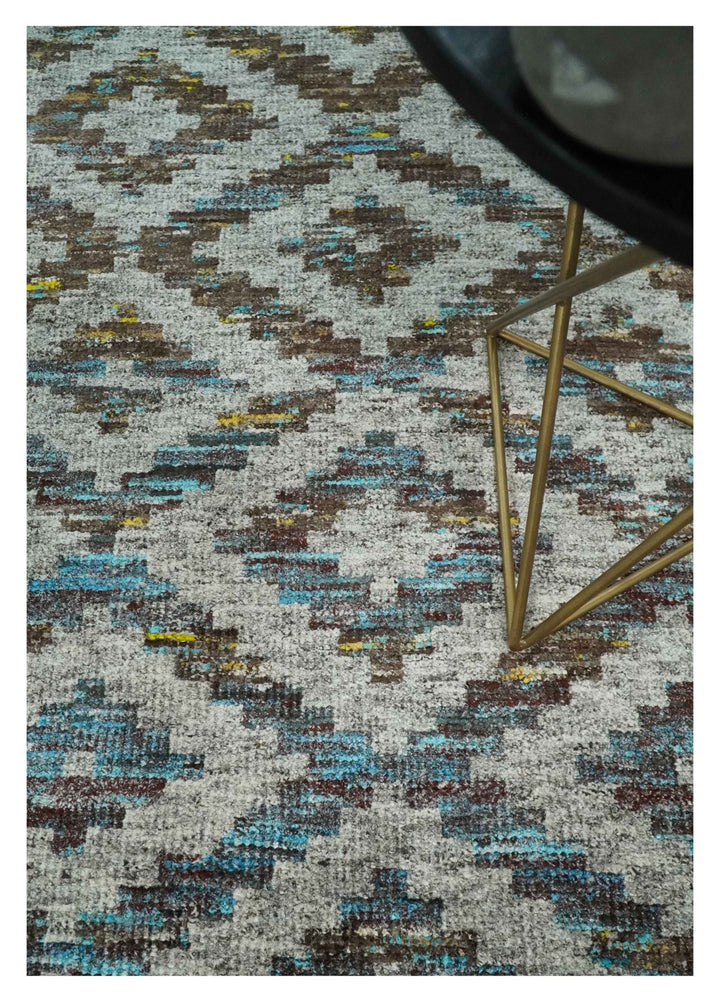 Hand Knotted 5x8 Gray, Blue and Brown Modern Geometric Contemporary Recycled Silk Area Rug | OP85 - The Rug Decor