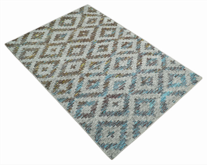 Hand Knotted 5x8 Gray, Blue and Brown Modern Geometric Contemporary Recycled Silk Area Rug | OP85 - The Rug Decor