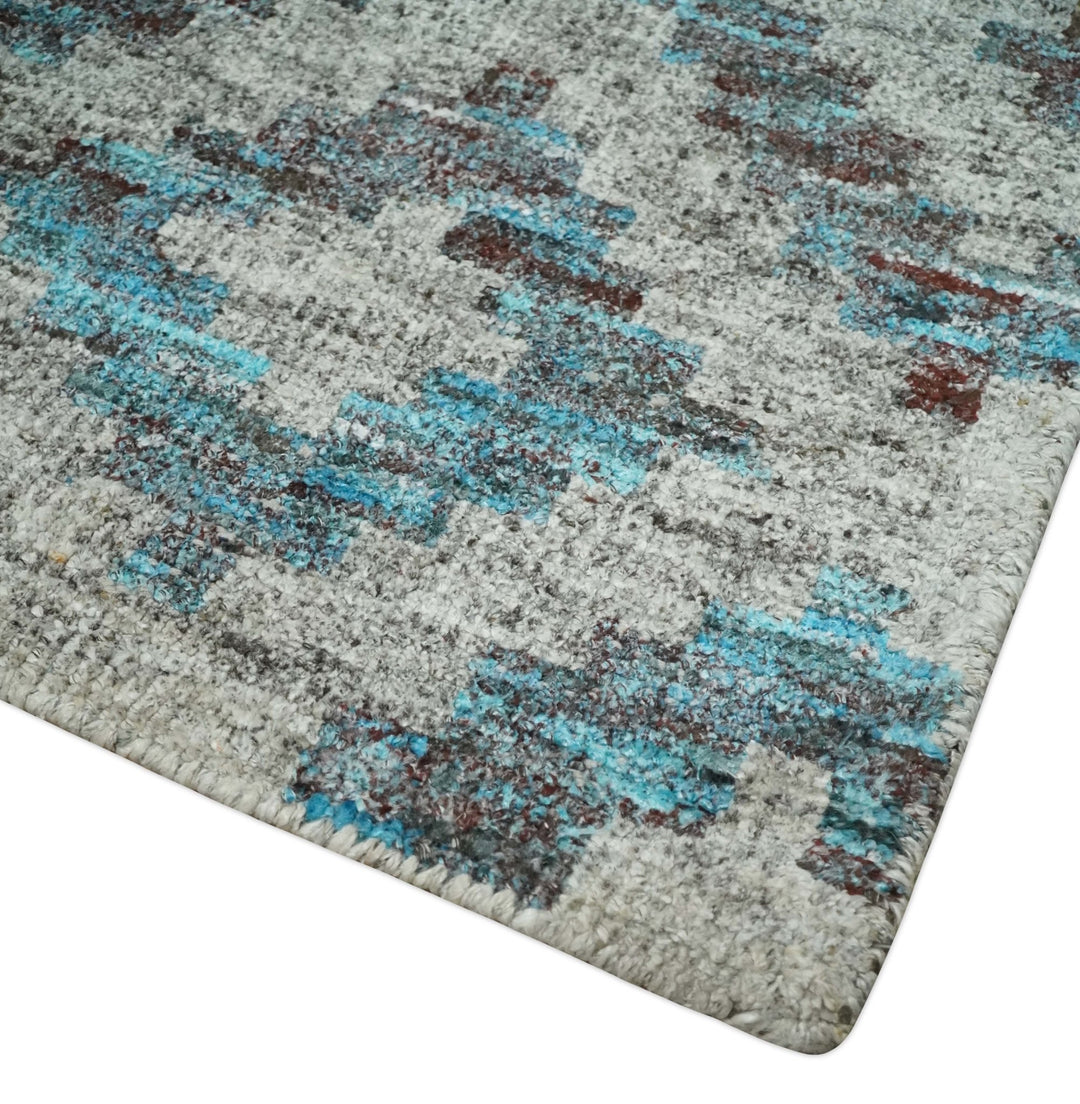 Hand Knotted 5x8 Gray, Blue and Brown Modern Geometric Contemporary Recycled Silk Area Rug | OP85 - The Rug Decor