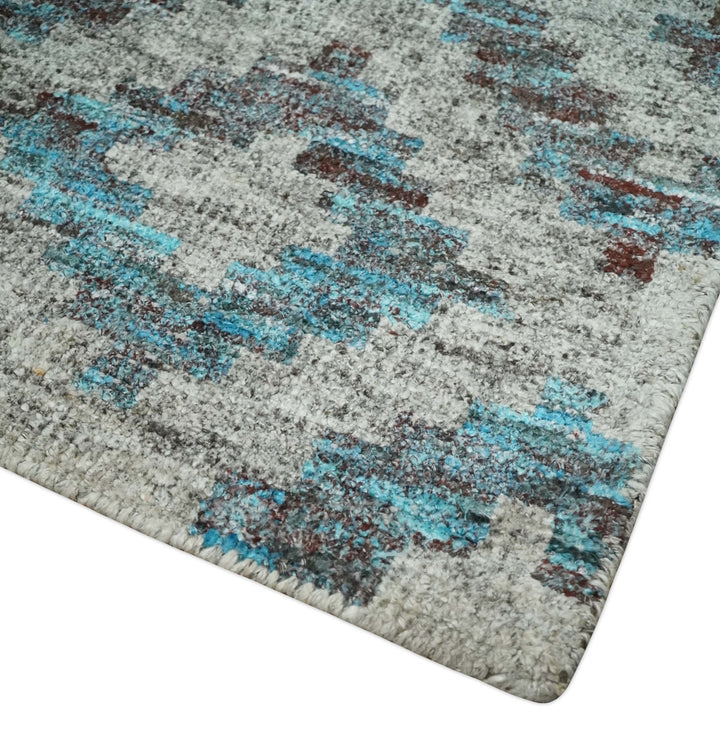 Hand Knotted 5x8 Gray, Blue and Brown Modern Geometric Contemporary Recycled Silk Area Rug | OP85 - The Rug Decor