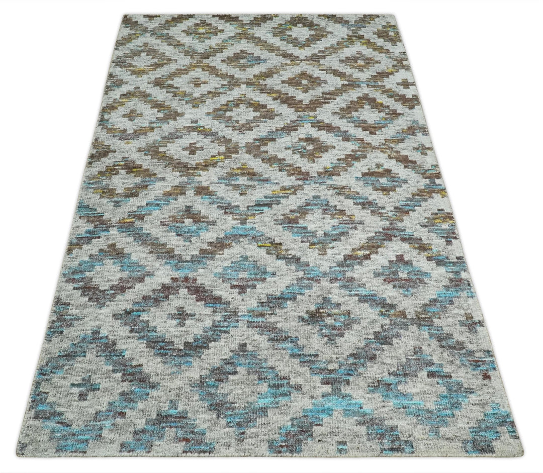 Hand Knotted 5x8 Gray, Blue and Brown Modern Geometric Contemporary Recycled Silk Area Rug | OP85 - The Rug Decor