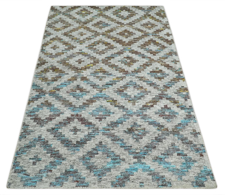 Hand Knotted 5x8 Gray, Blue and Brown Modern Geometric Contemporary Recycled Silk Area Rug | OP85 - The Rug Decor