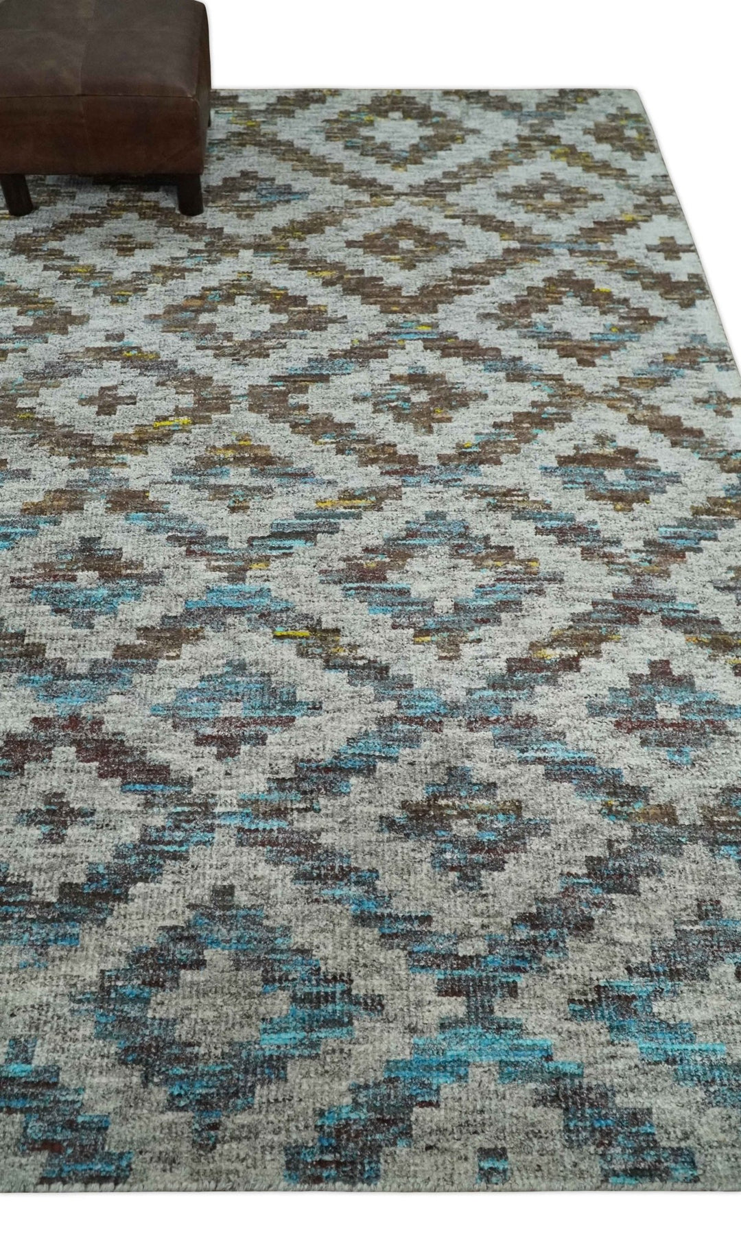 Hand Knotted 5x8 Gray, Blue and Brown Modern Geometric Contemporary Recycled Silk Area Rug | OP85 - The Rug Decor