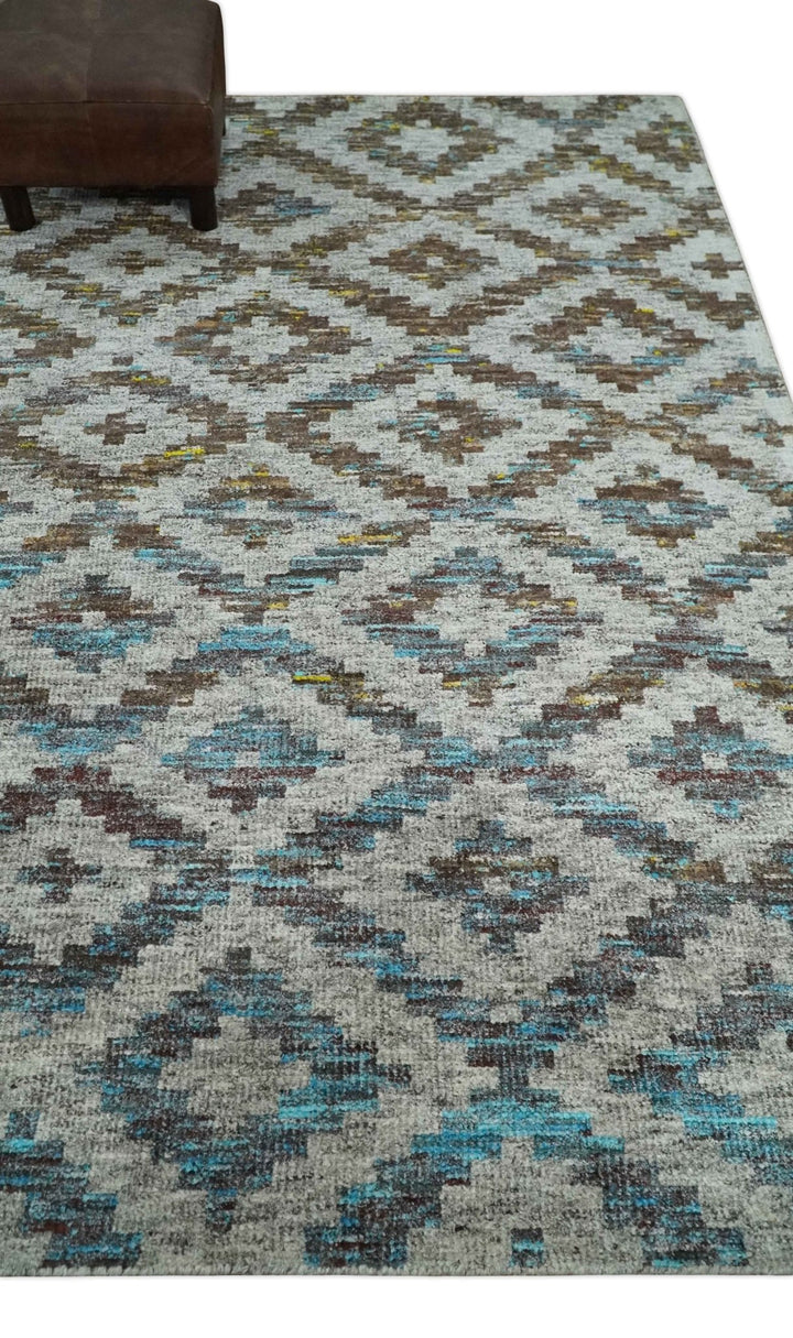Hand Knotted 5x8 Gray, Blue and Brown Modern Geometric Contemporary Recycled Silk Area Rug | OP85 - The Rug Decor