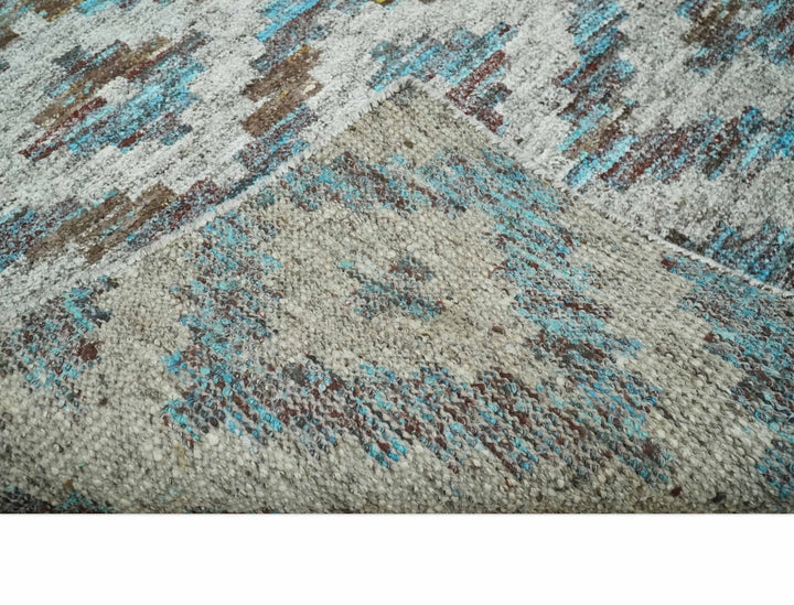 Hand Knotted 5x8 Gray, Blue and Brown Modern Geometric Contemporary Recycled Silk Area Rug | OP85 - The Rug Decor