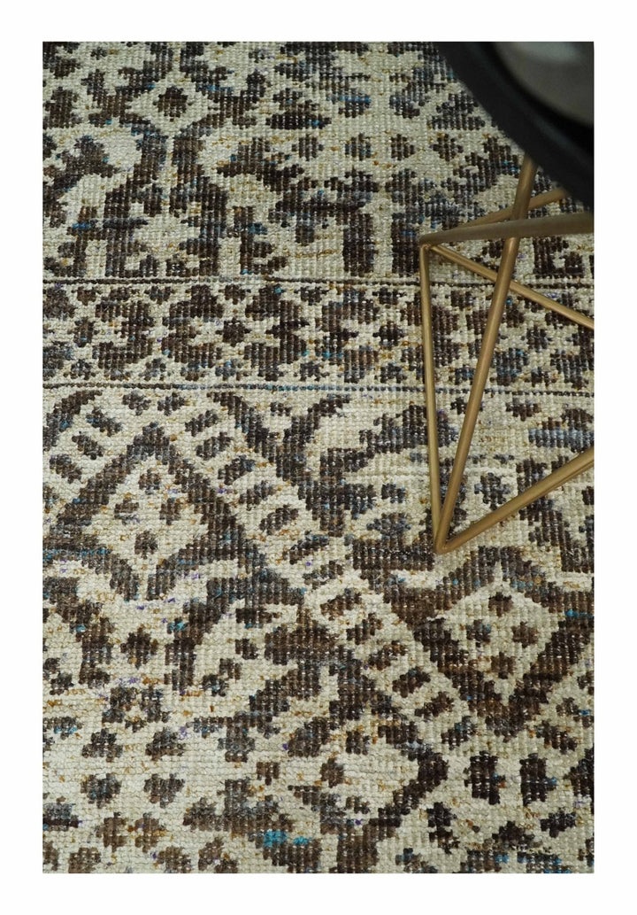 Hand Knotted 5x8 Ivory and Brown Antique Persian Style Contemporary Recycled Silk Area Rug | OP82 - The Rug Decor