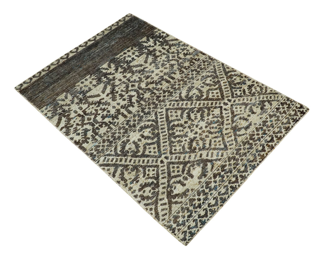 Hand Knotted 5x8 Ivory and Brown Antique Persian Style Contemporary Recycled Silk Area Rug | OP82 - The Rug Decor