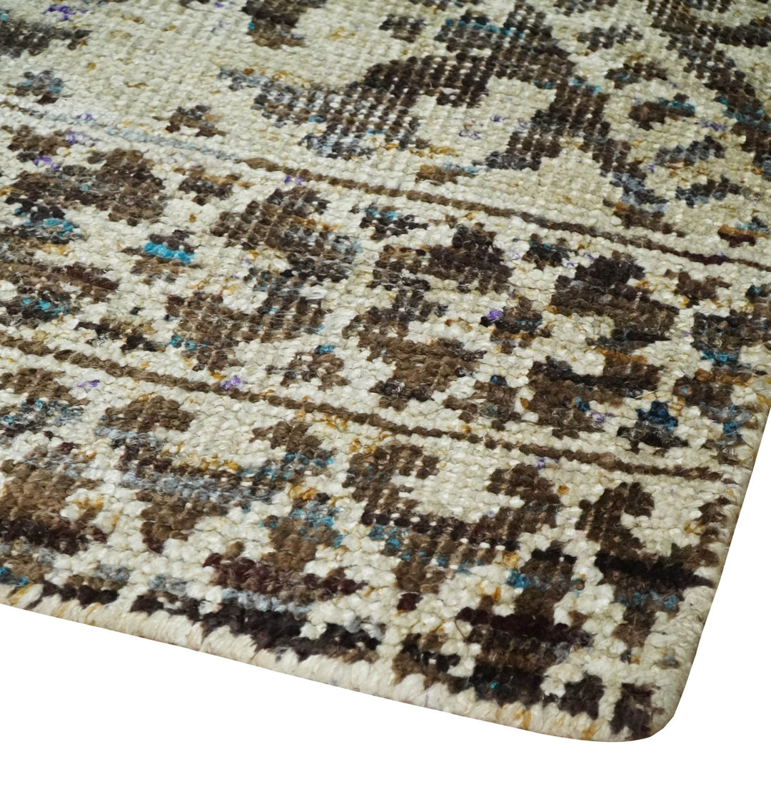 Hand Knotted 5x8 Ivory and Brown Antique Persian Style Contemporary Recycled Silk Area Rug | OP82 - The Rug Decor