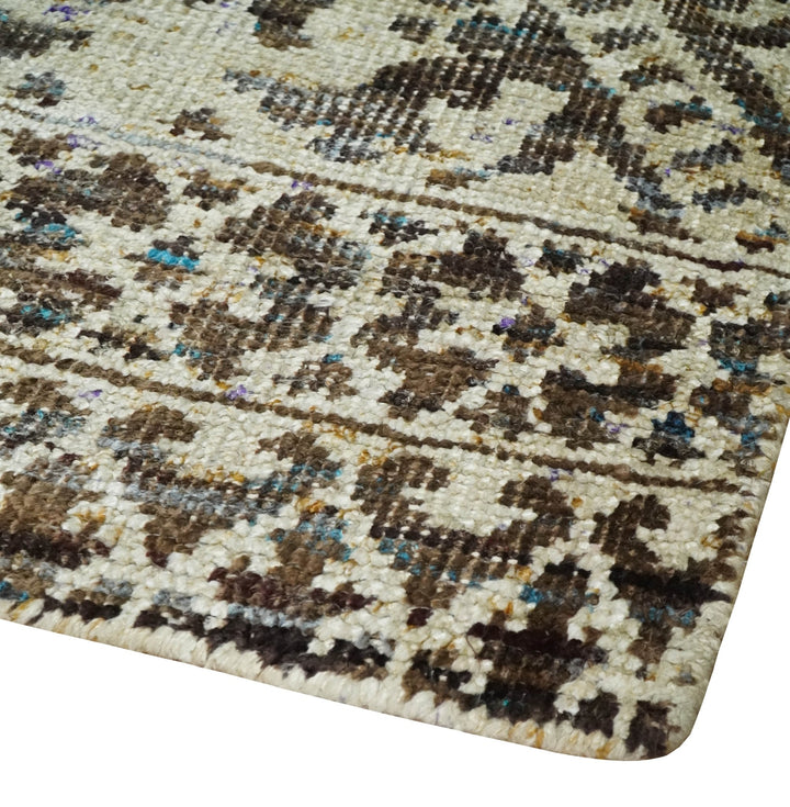Hand Knotted 5x8 Ivory and Brown Antique Persian Style Contemporary Recycled Silk Area Rug | OP82 - The Rug Decor