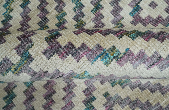 Hand Knotted 5x8 Ivory, Blue and Purple Antique Persian Geometric Style Contemporary Bamboo Silk Area Rug | OP125 - The Rug Decor