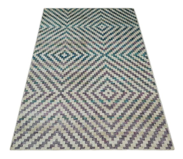 Hand Knotted 5x8 Ivory, Blue and Purple Antique Persian Geometric Style Contemporary Bamboo Silk Area Rug | OP125 - The Rug Decor