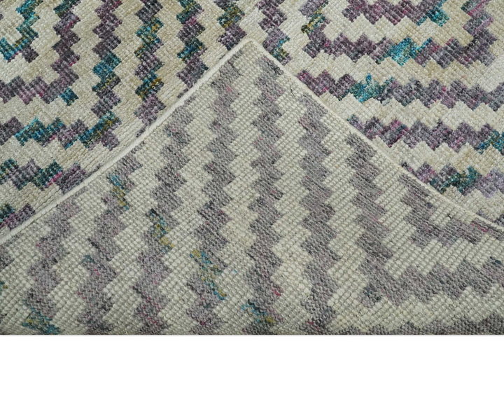 Hand Knotted 5x8 Ivory, Blue and Purple Antique Persian Geometric Style Contemporary Bamboo Silk Area Rug | OP125 - The Rug Decor