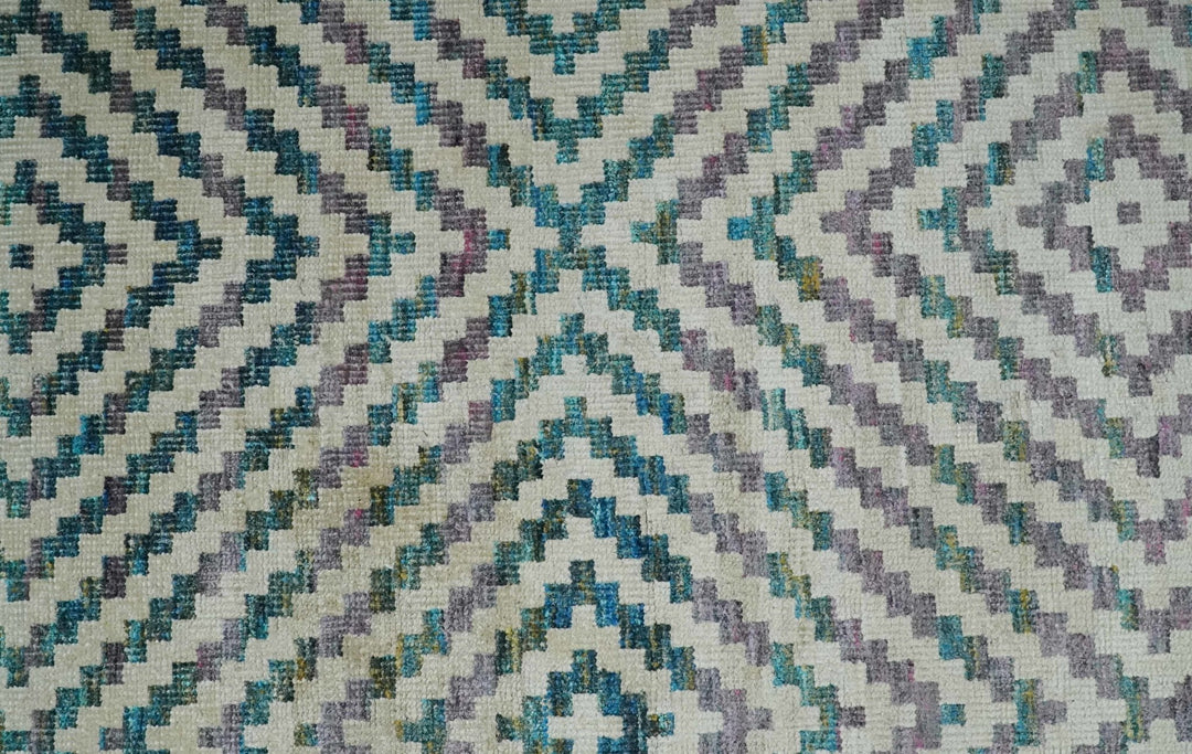 Hand Knotted 5x8 Ivory, Blue and Purple Antique Persian Geometric Style Contemporary Bamboo Silk Area Rug | OP125 - The Rug Decor