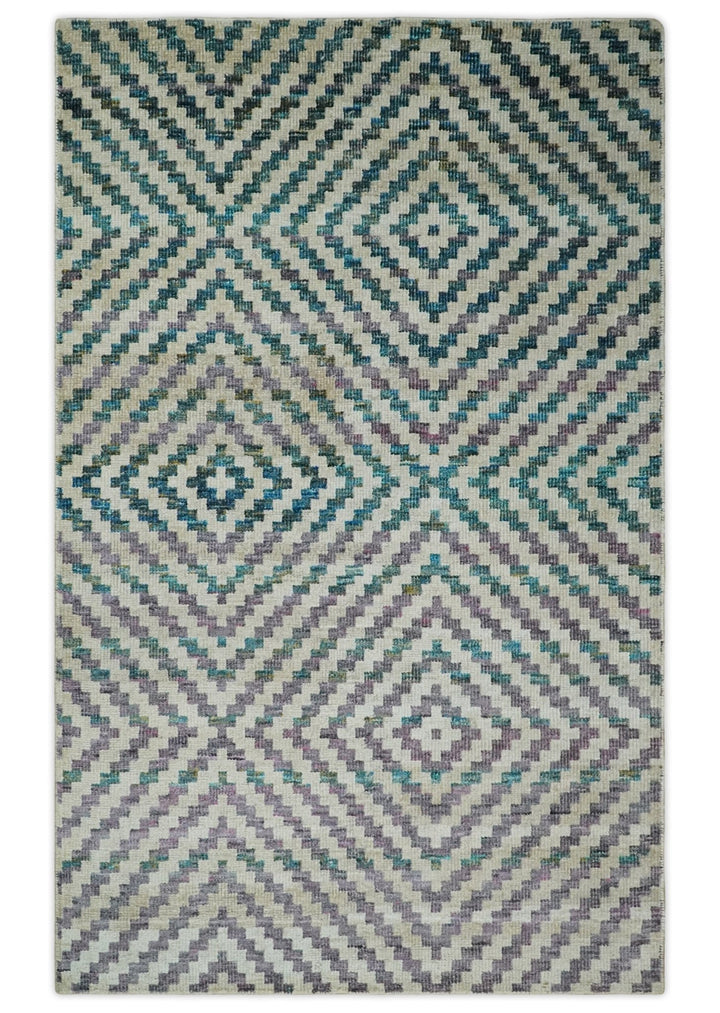 Hand Knotted 5x8 Ivory, Blue and Purple Antique Persian Geometric Style Contemporary Bamboo Silk Area Rug | OP125 - The Rug Decor