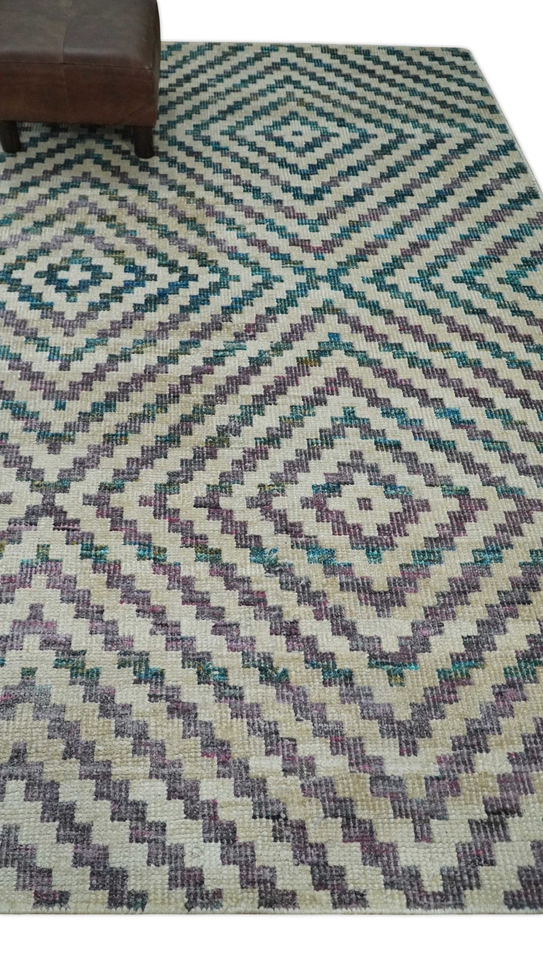 Hand Knotted 5x8 Ivory, Blue and Purple Antique Persian Geometric Style Contemporary Bamboo Silk Area Rug | OP125 - The Rug Decor