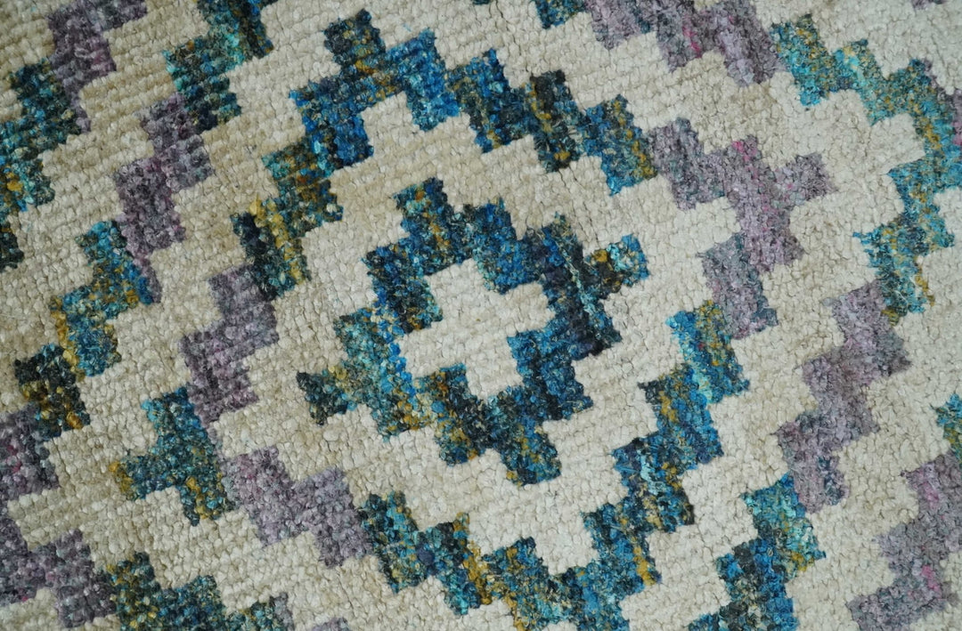 Hand Knotted 5x8 Ivory, Blue and Purple Antique Persian Geometric Style Contemporary Bamboo Silk Area Rug | OP125 - The Rug Decor