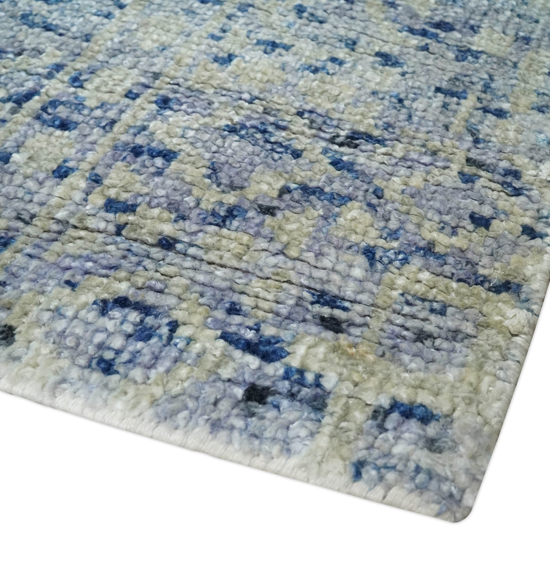 Hand Knotted 5x8 Ivory, Purple and Blue Modern Contemporary Southwestern Tribal Trellis Recycled Silk Area Rug | OP104 - The Rug Decor