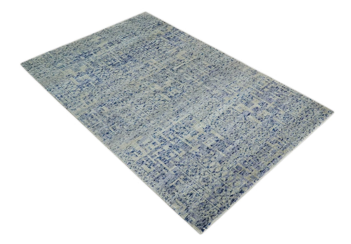 Hand Knotted 5x8 Ivory, Purple and Blue Modern Contemporary Southwestern Tribal Trellis Recycled Silk Area Rug | OP104 - The Rug Decor