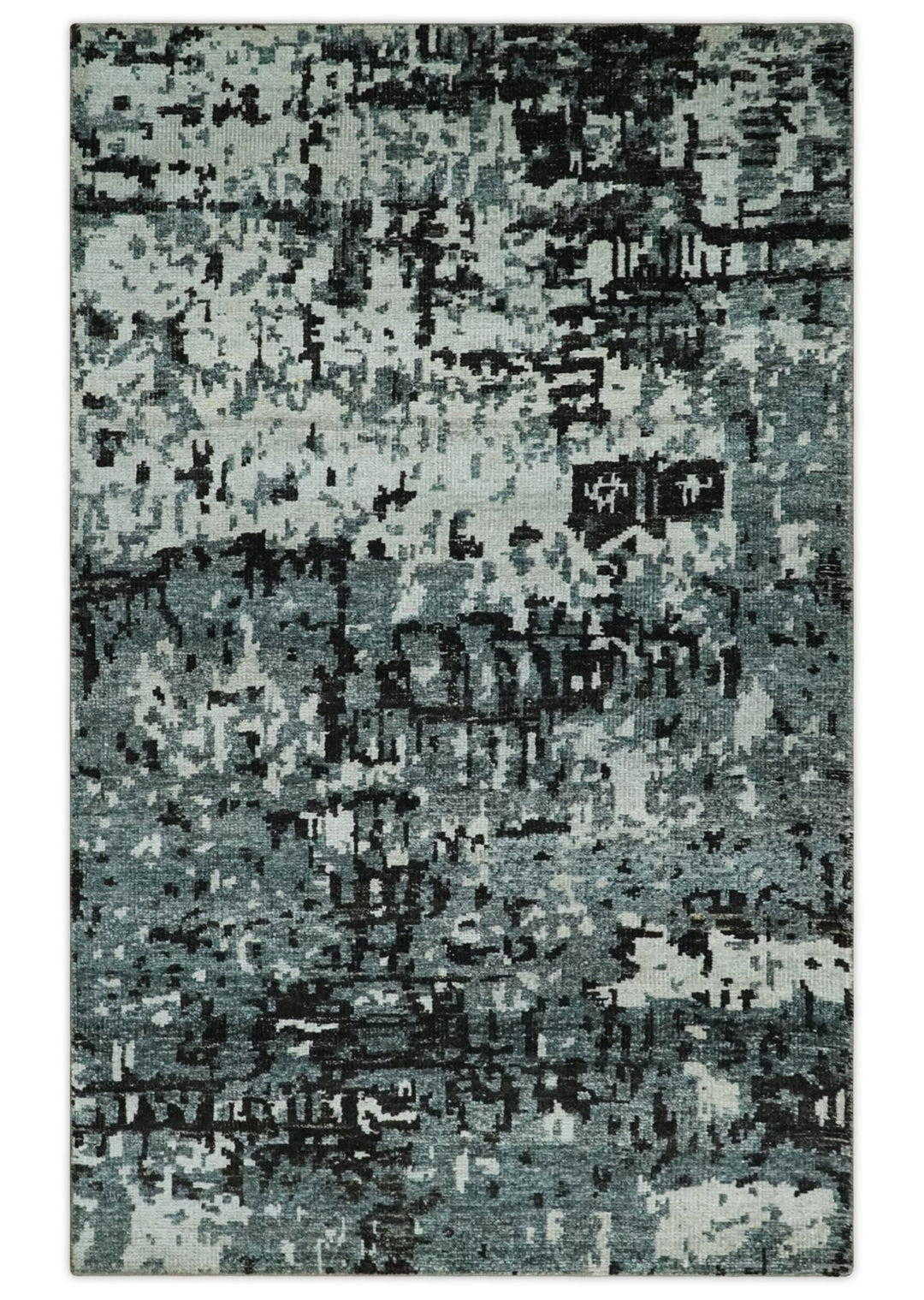 Hand Knotted 5x8 Ivory, Teal and Black Modern Abstract Contemporary Recycled Silk Area Rug | OP91 - The Rug Decor