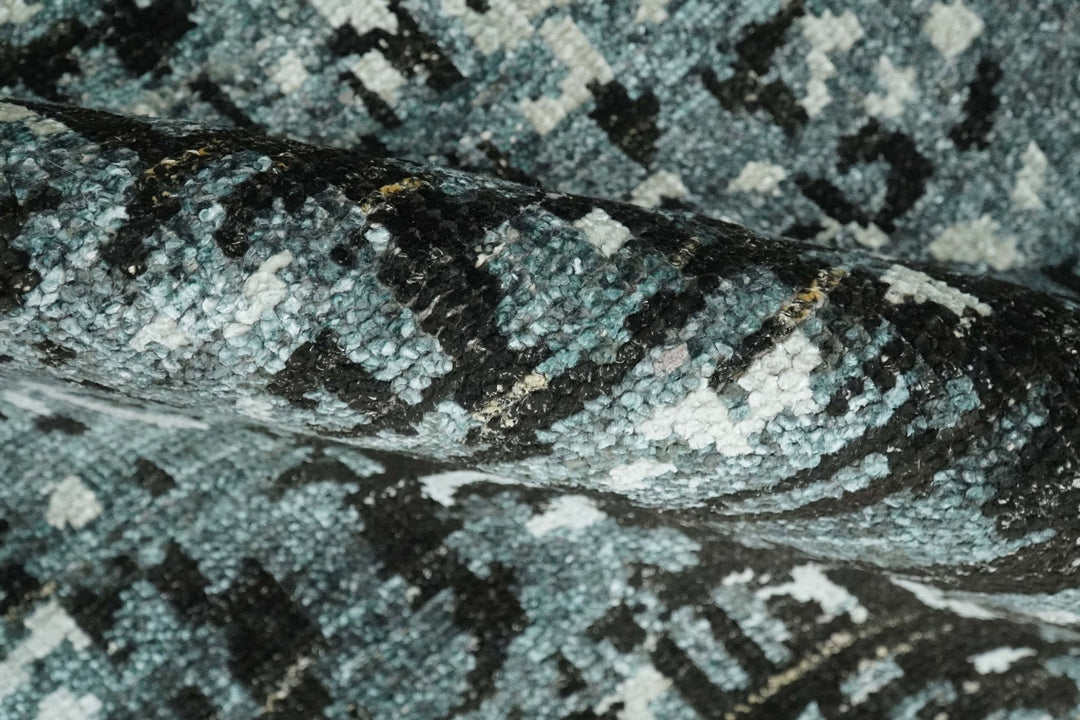 Hand Knotted 5x8 Ivory, Teal and Black Modern Abstract Contemporary Recycled Silk Area Rug | OP91 - The Rug Decor