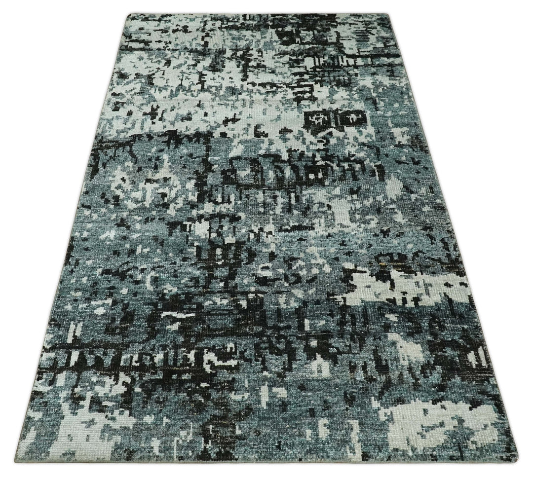 Hand Knotted 5x8 Ivory, Teal and Black Modern Abstract Contemporary Recycled Silk Area Rug | OP91 - The Rug Decor