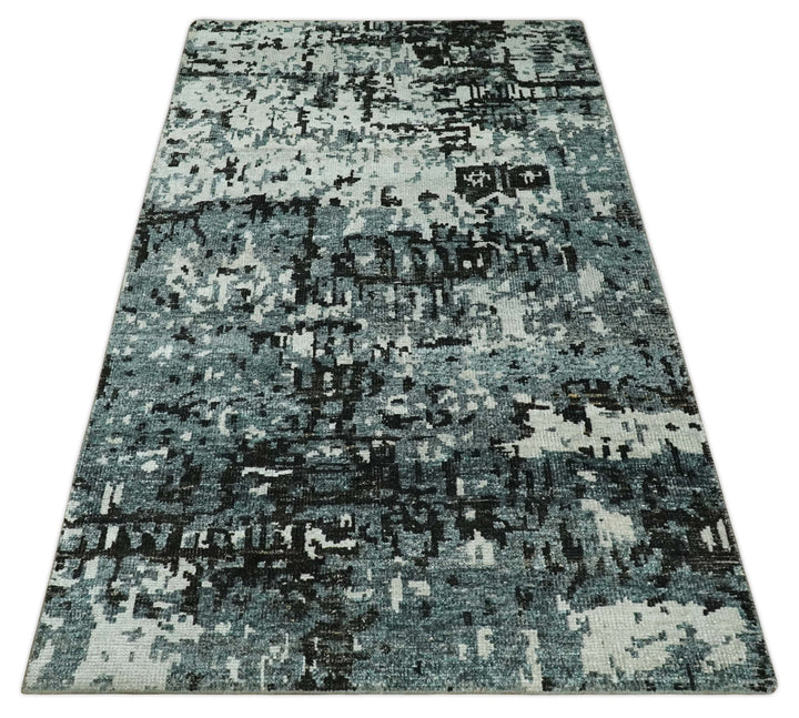 Hand Knotted 5x8 Ivory, Teal and Black Modern Abstract Contemporary Recycled Silk Area Rug | OP91 - The Rug Decor