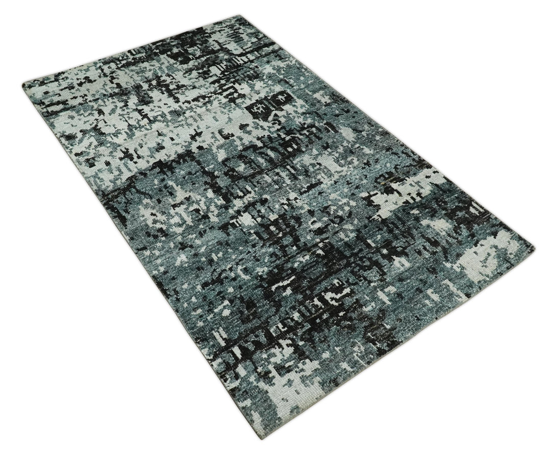 Hand Knotted 5x8 Ivory, Teal and Black Modern Abstract Contemporary Recycled Silk Area Rug | OP91 - The Rug Decor