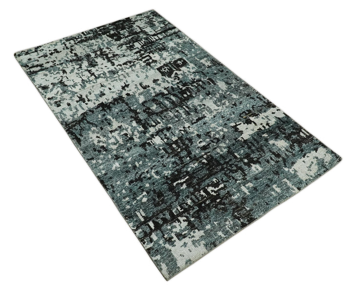 Hand Knotted 5x8 Ivory, Teal and Black Modern Abstract Contemporary Recycled Silk Area Rug | OP91 - The Rug Decor
