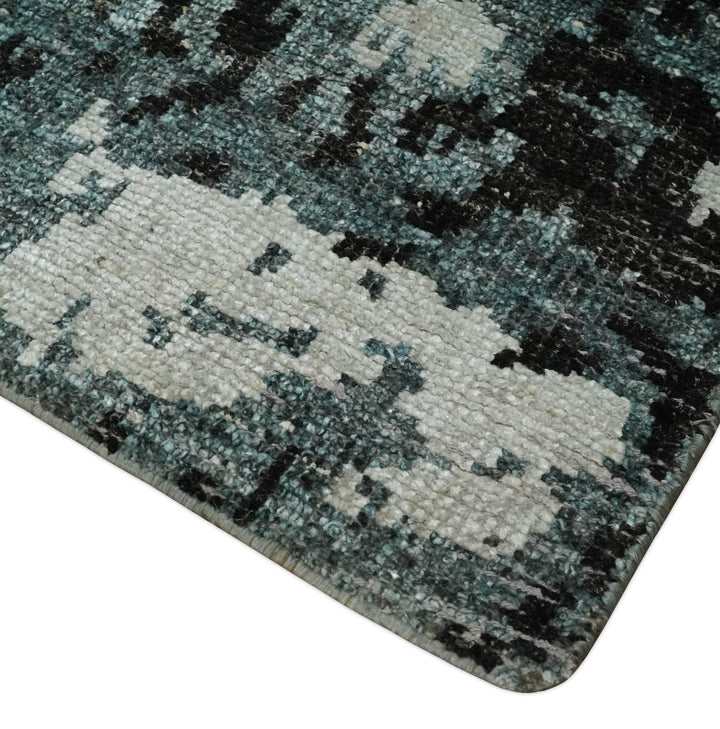Hand Knotted 5x8 Ivory, Teal and Black Modern Abstract Contemporary Recycled Silk Area Rug | OP91 - The Rug Decor