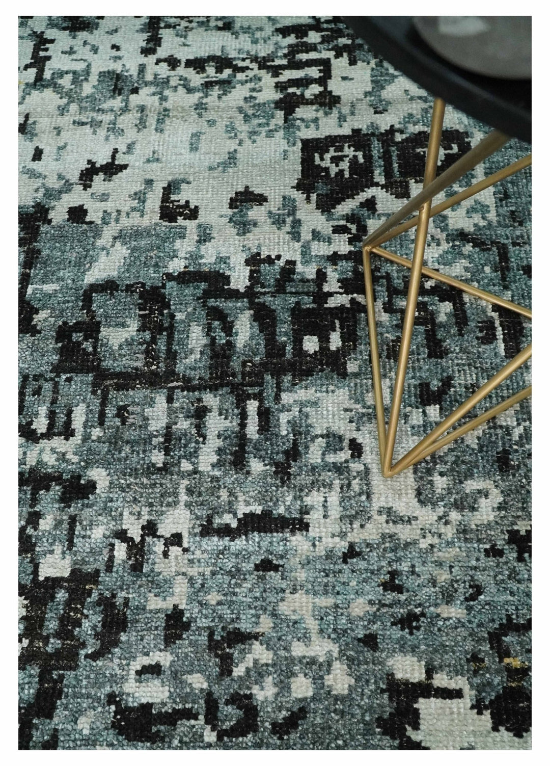 Hand Knotted 5x8 Ivory, Teal and Black Modern Abstract Contemporary Recycled Silk Area Rug | OP91 - The Rug Decor
