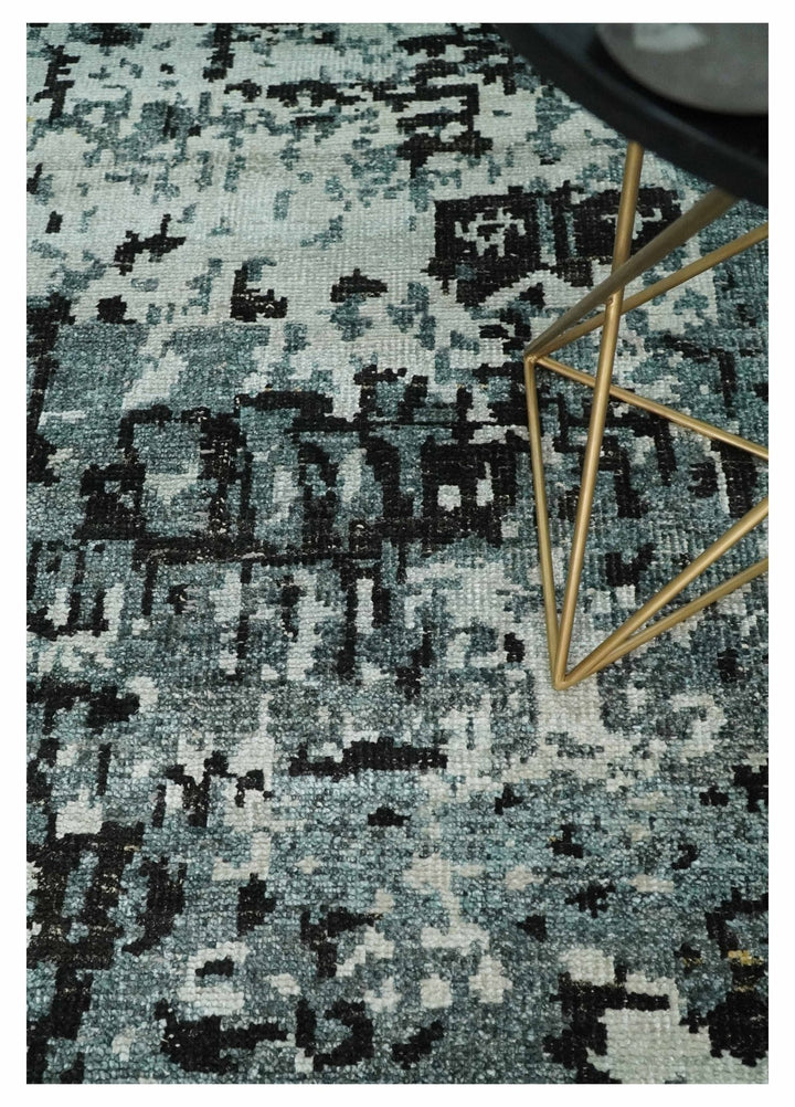 Hand Knotted 5x8 Ivory, Teal and Black Modern Abstract Contemporary Recycled Silk Area Rug | OP91 - The Rug Decor