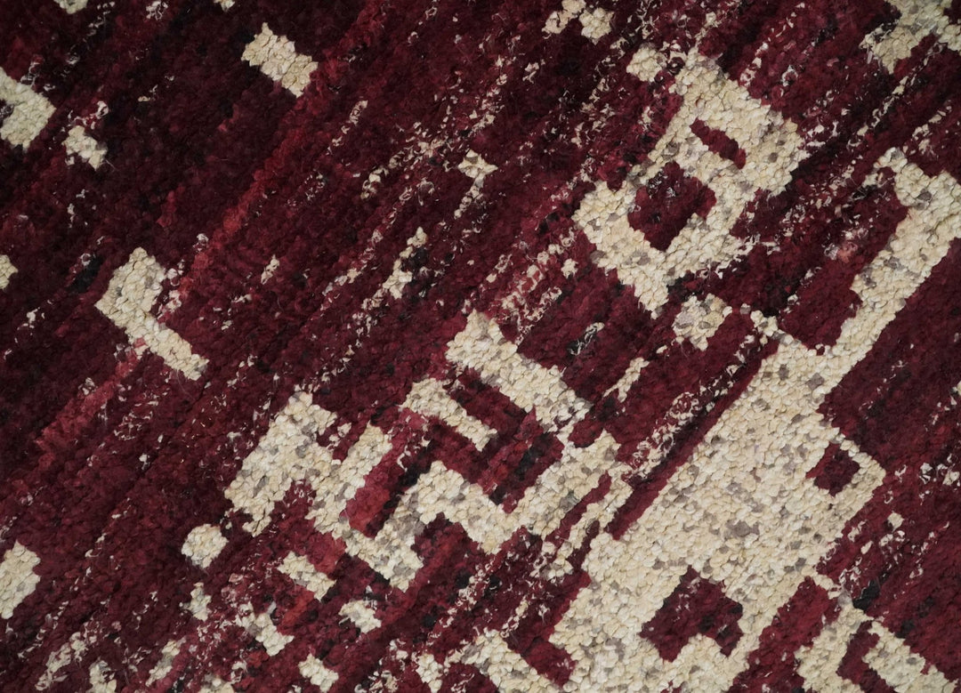 Hand Knotted 5x8 Maroon and Ivory Modern Abstract Contemporary Recycled Silk Area Rug - The Rug Decor