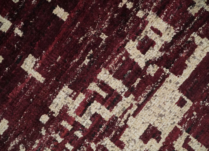 Hand Knotted 5x8 Maroon and Ivory Modern Abstract Contemporary Recycled Silk Area Rug - The Rug Decor