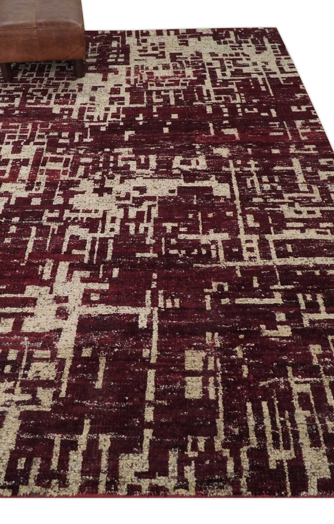 Hand Knotted 5x8 Maroon and Ivory Modern Abstract Contemporary Recycled Silk Area Rug - The Rug Decor