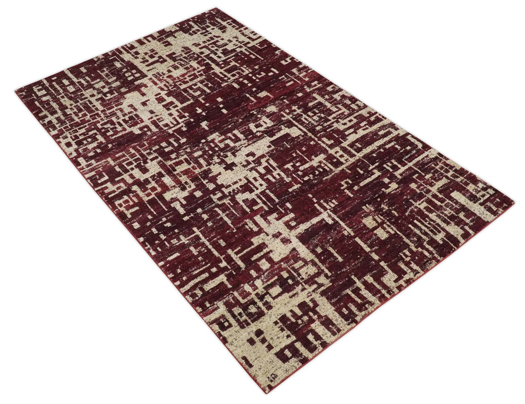 Hand Knotted 5x8 Maroon and Ivory Modern Abstract Contemporary Recycled Silk Area Rug - The Rug Decor