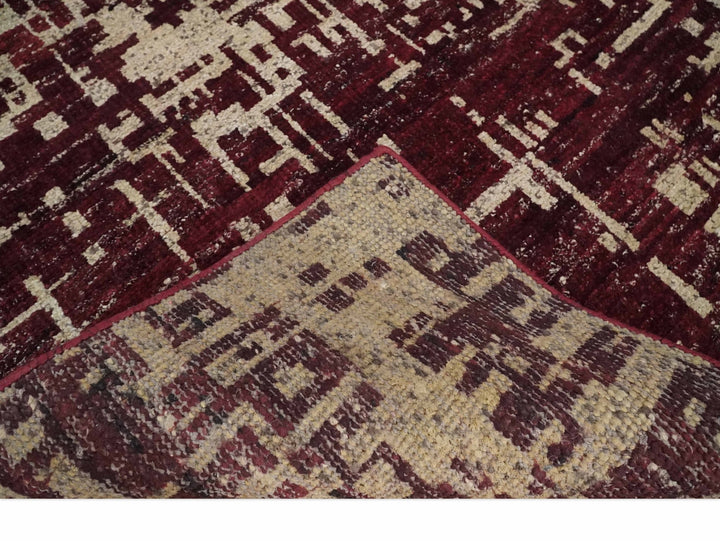 Hand Knotted 5x8 Maroon and Ivory Modern Abstract Contemporary Recycled Silk Area Rug - The Rug Decor