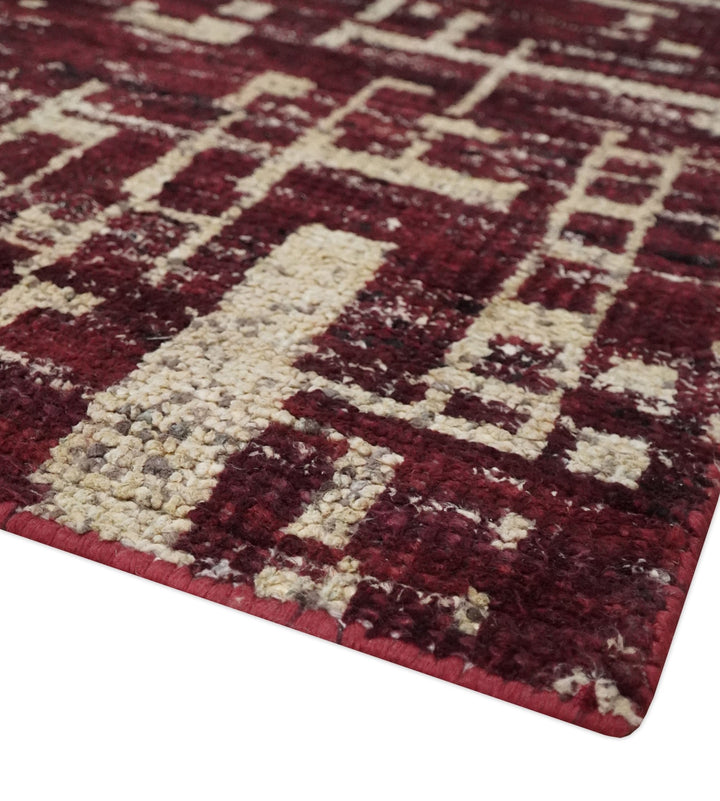 Hand Knotted 5x8 Maroon and Ivory Modern Abstract Contemporary Recycled Silk Area Rug - The Rug Decor