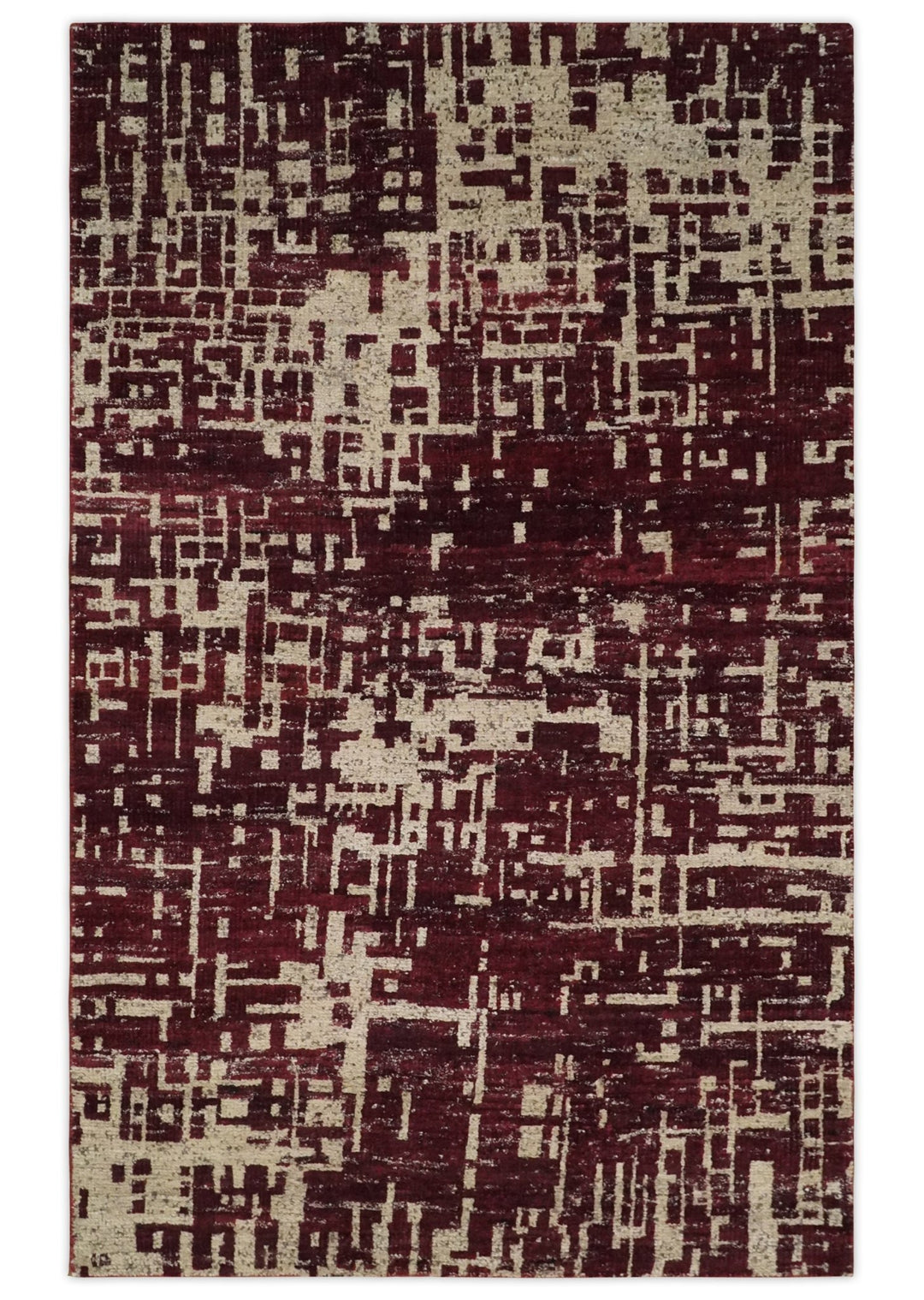 Hand Knotted 5x8 Maroon and Ivory Modern Abstract Contemporary Recycled Silk Area Rug - The Rug Decor