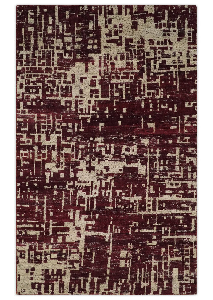 Hand Knotted 5x8 Maroon and Ivory Modern Abstract Contemporary Recycled Silk Area Rug - The Rug Decor