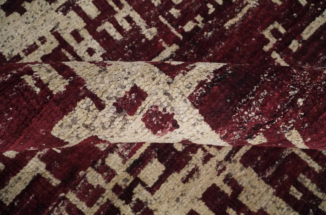 Hand Knotted 5x8 Maroon and Ivory Modern Abstract Contemporary Recycled Silk Area Rug - The Rug Decor