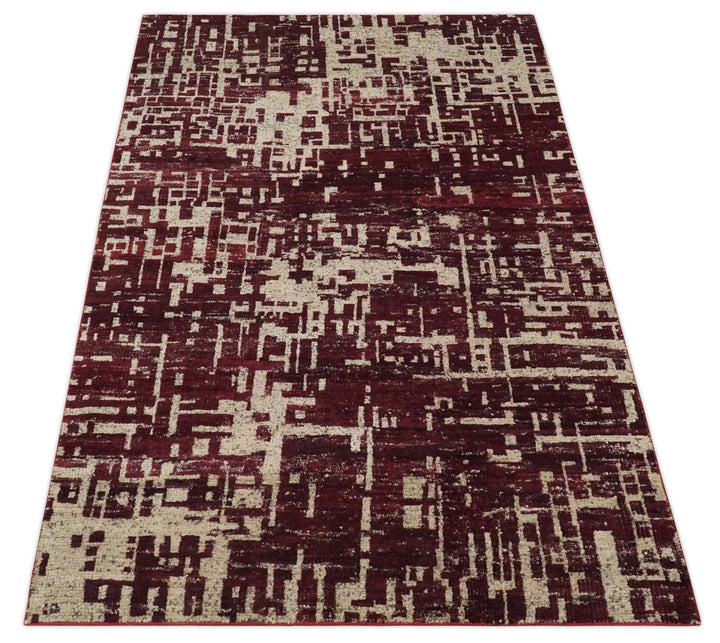 Hand Knotted 5x8 Maroon and Ivory Modern Abstract Contemporary Recycled Silk Area Rug - The Rug Decor