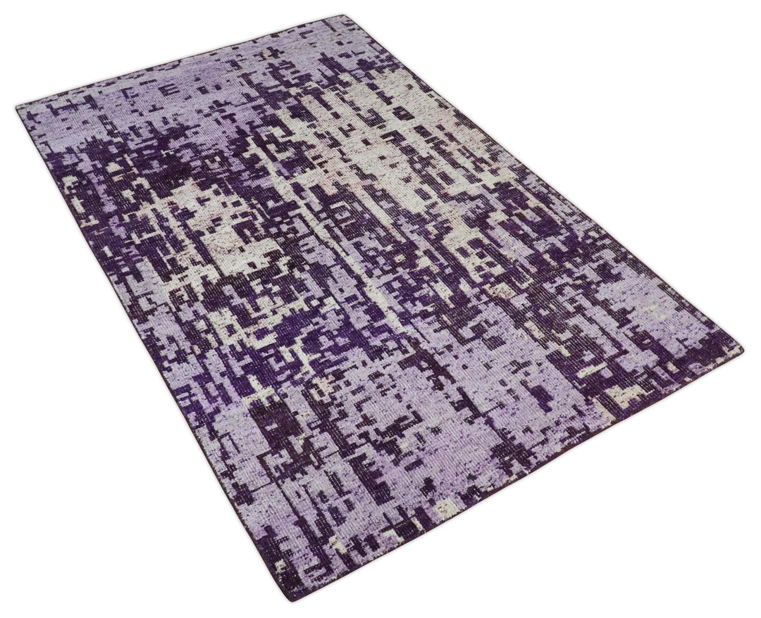 Hand Knotted 5x8 Purple, Violet and Ivory Modern Abstract Contemporary Recycled Silk Area Rug | OP131 - The Rug Decor
