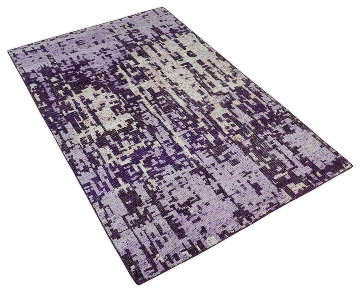 Hand Knotted 5x8 Purple, Violet and Ivory Modern Abstract Contemporary Recycled Silk Area Rug | OP131 - The Rug Decor