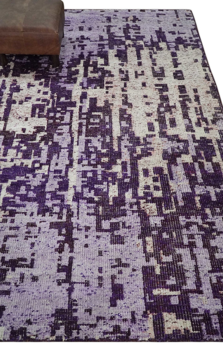 Hand Knotted 5x8 Purple, Violet and Ivory Modern Abstract Contemporary Recycled Silk Area Rug | OP131 - The Rug Decor